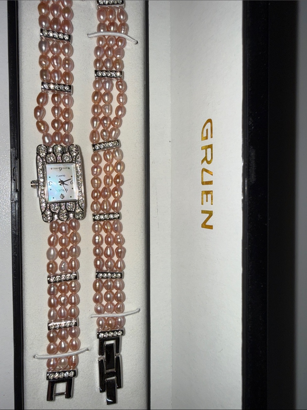Gruen Women's Pink Pearl Bracelet Watch with Crystal Accents